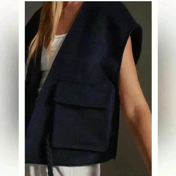 By ANTHROPOLOGIE Maeve Cropped Sweater Vest Boxy Academia Utility Navy Rope OS - Picture 2 of 12